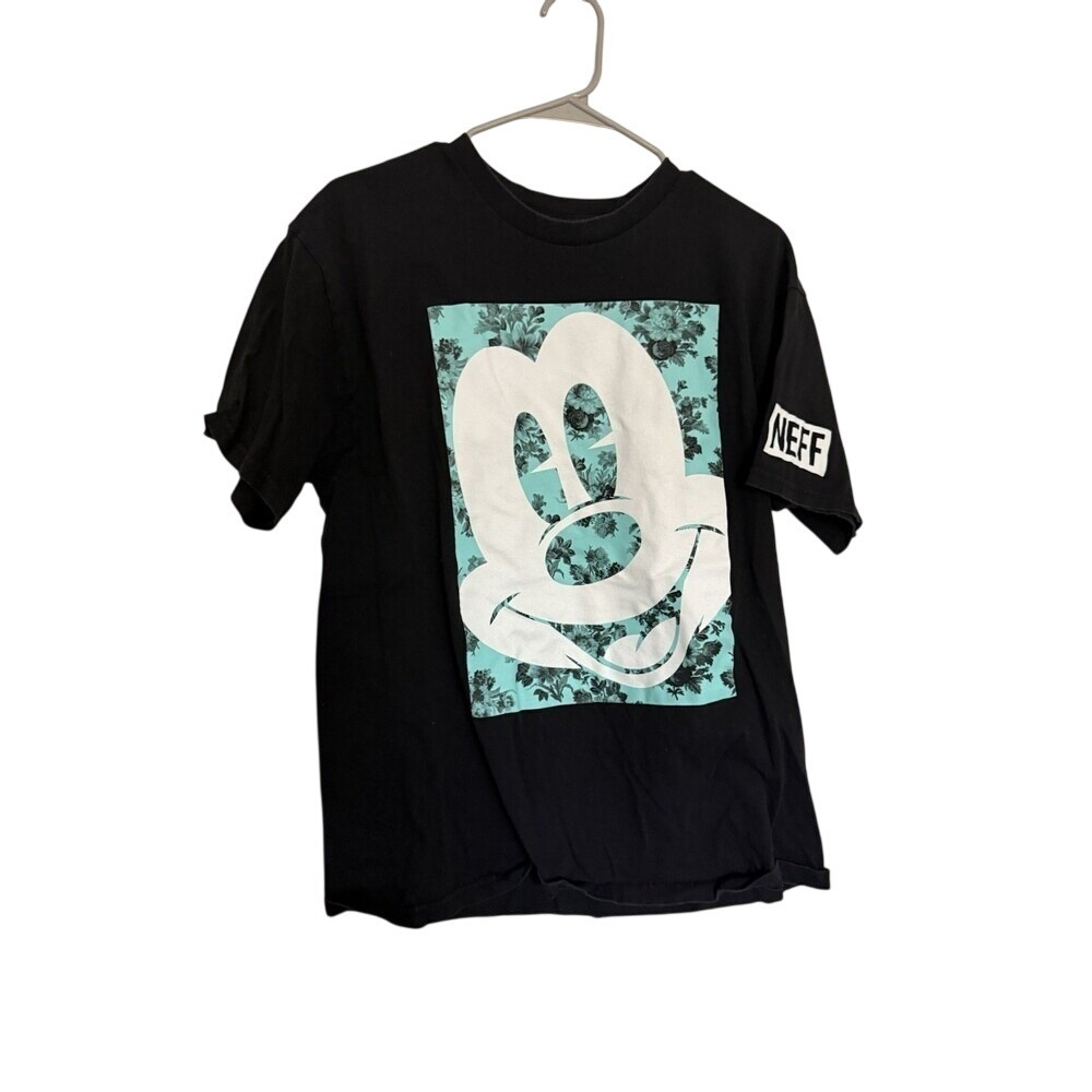 NEFF Disney Mickey Mouse Floral Graphic Tee Black Cotton Mens Large Streetwear